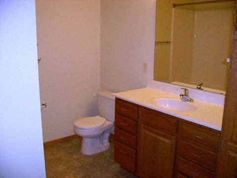 A white toilet sits in a bathroom with a sink and wooden cabinets.