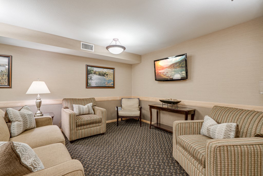 a living room with couches and chairs and a television