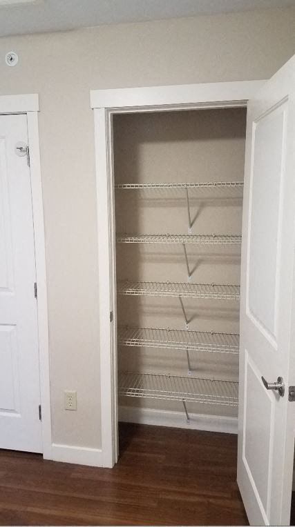 an empty closet with empty shelves and a door