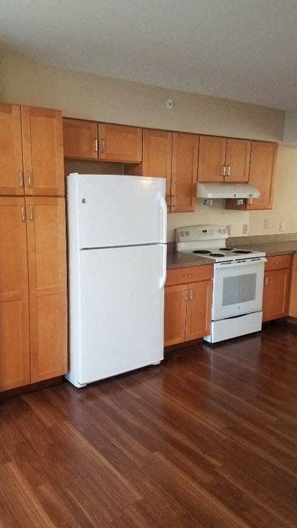 a kitchen with wooden cabinets and a white refrigerator