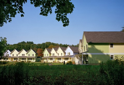 a row of houses in front of a field