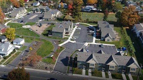 an aerial view of a neighborhood of houses