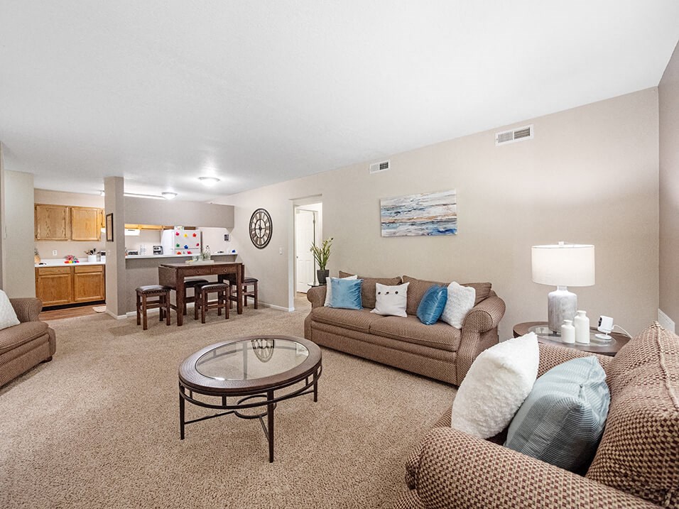 connected living and dining area at burwick farms apartments