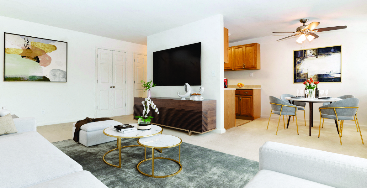 a living room with a couch and a table and a tv