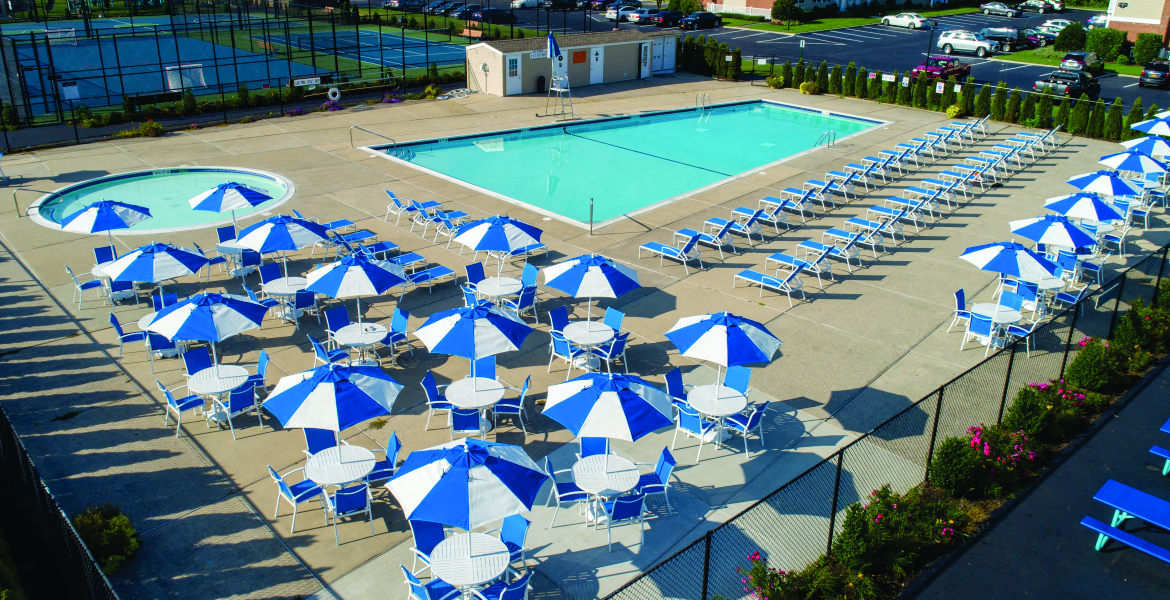 overhead of pool and sundeck at Heatherwood House at Ronkonkoma, New York