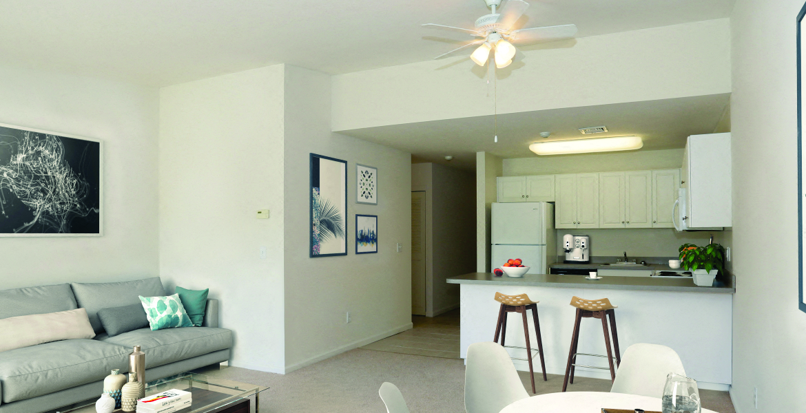 a living room and kitchen with a couch and a table