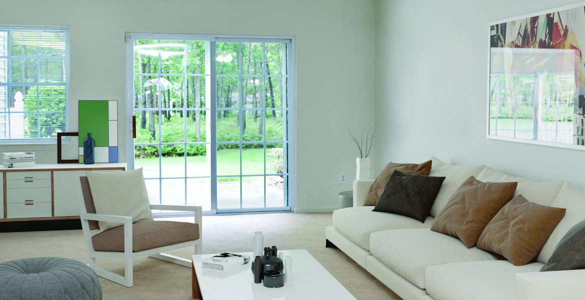 living room and sliding glass doors at Mirror Pond, New York