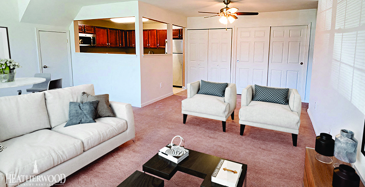 couch and two chairs in living room at Spruce Pond, Holbrook, NY, 11741