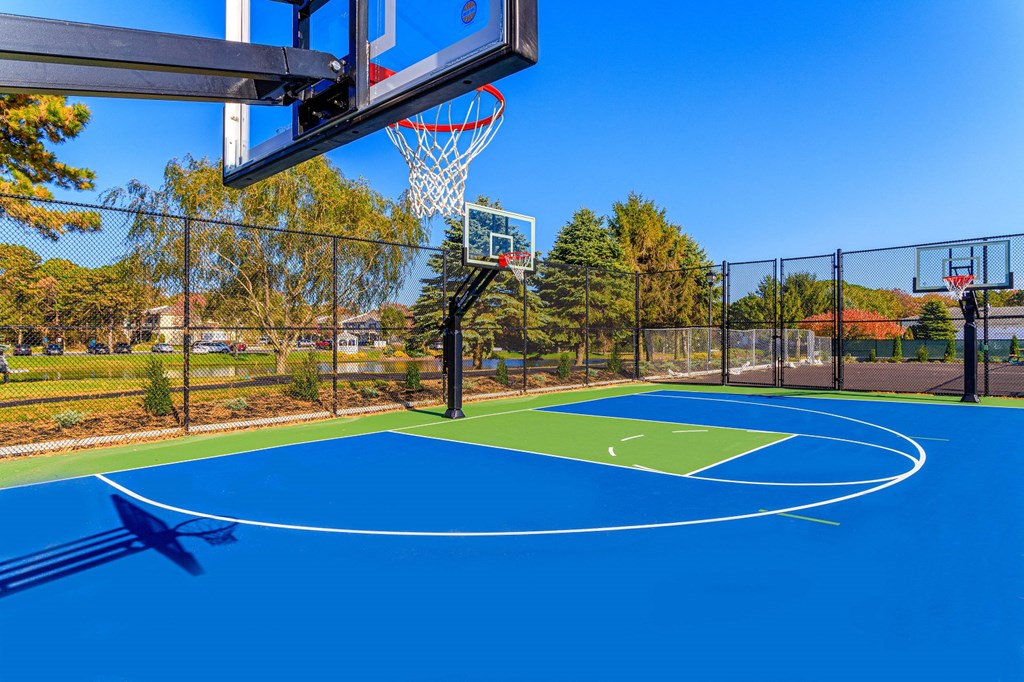a basketball court with a basketball hoop on top of a blue court
