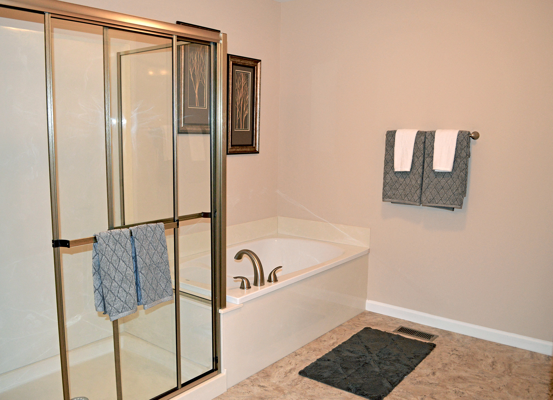 a bathroom with a shower and a bath tub