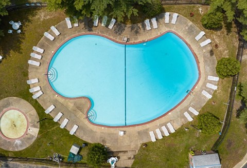 An aerial view of a heart-shaped swimming pool surrounded by lounge chairs.