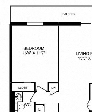One bedroom, one bathroom apartment layout at St. Lawrence Village in St. Catharines, ON