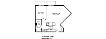 One bedroom, one bathroom apartment layout at St. Lawrence Village in St. Catharines, ON
