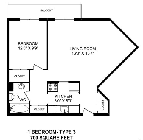 One bedroom, one bathroom apartment layout at St. Lawrence Village in St. Catharines, ON