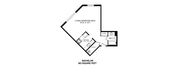Bachelor, one bathroom apartment layout at St. Lawrence Village in St. Catharines, ON