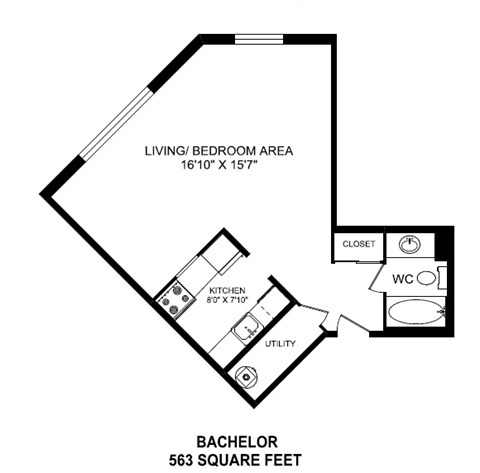 Bachelor, one bathroom apartment layout at St. Lawrence Village in St. Catharines, ON