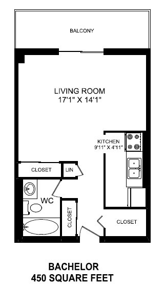 Bachelor, one bathroom apartment layout at St. Lawrence Village in St. Catharines, ON