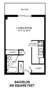 Bachelor, one bathroom apartment layout at St. Lawrence Village in St. Catharines, ON