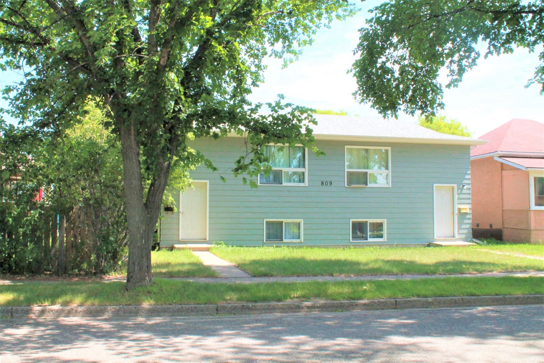 A tree is in front of a two-story house.