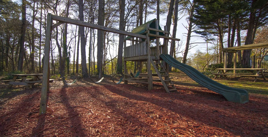 a playground with a slide and a tree house