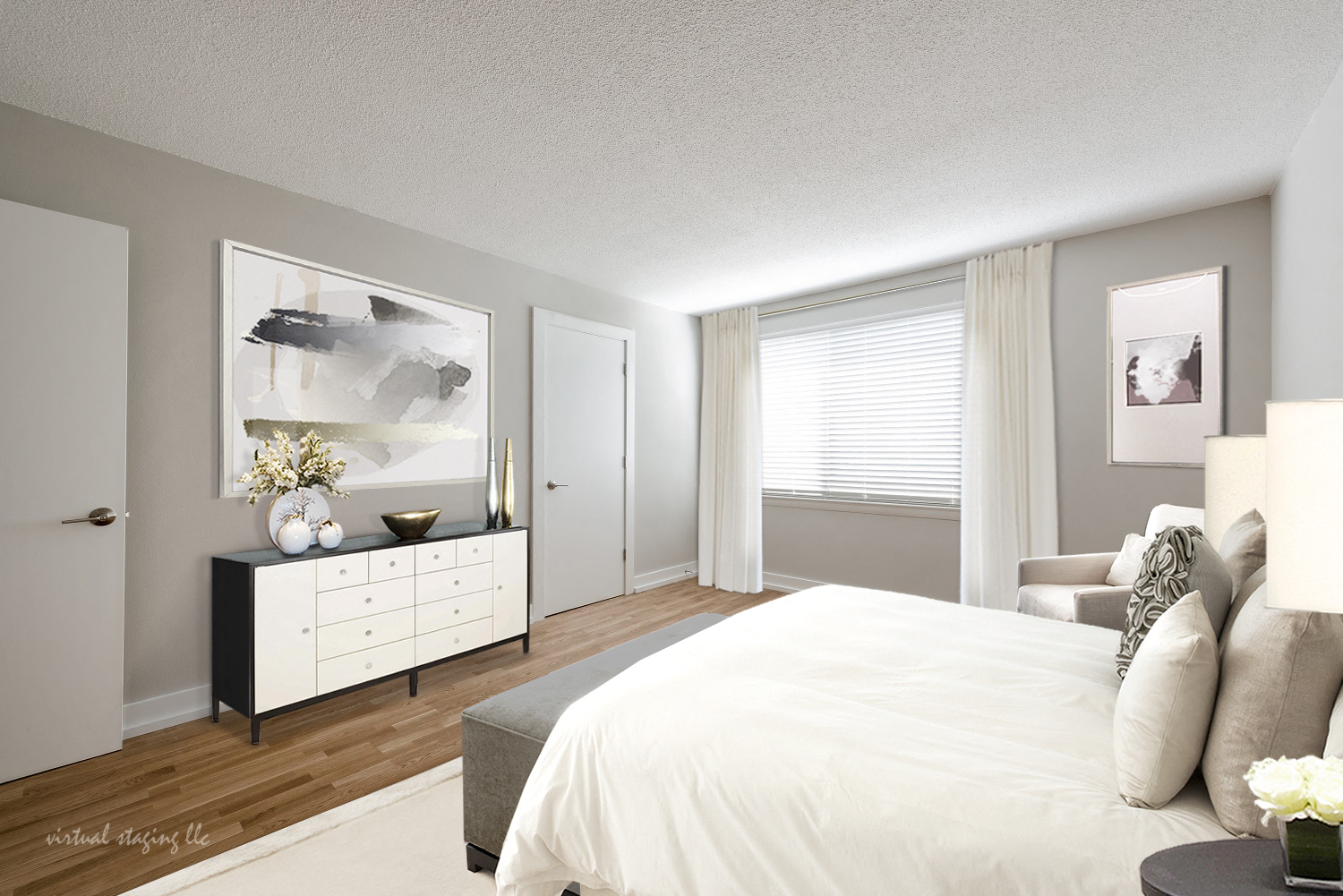 a bedroom with a bed and a dresser and a window