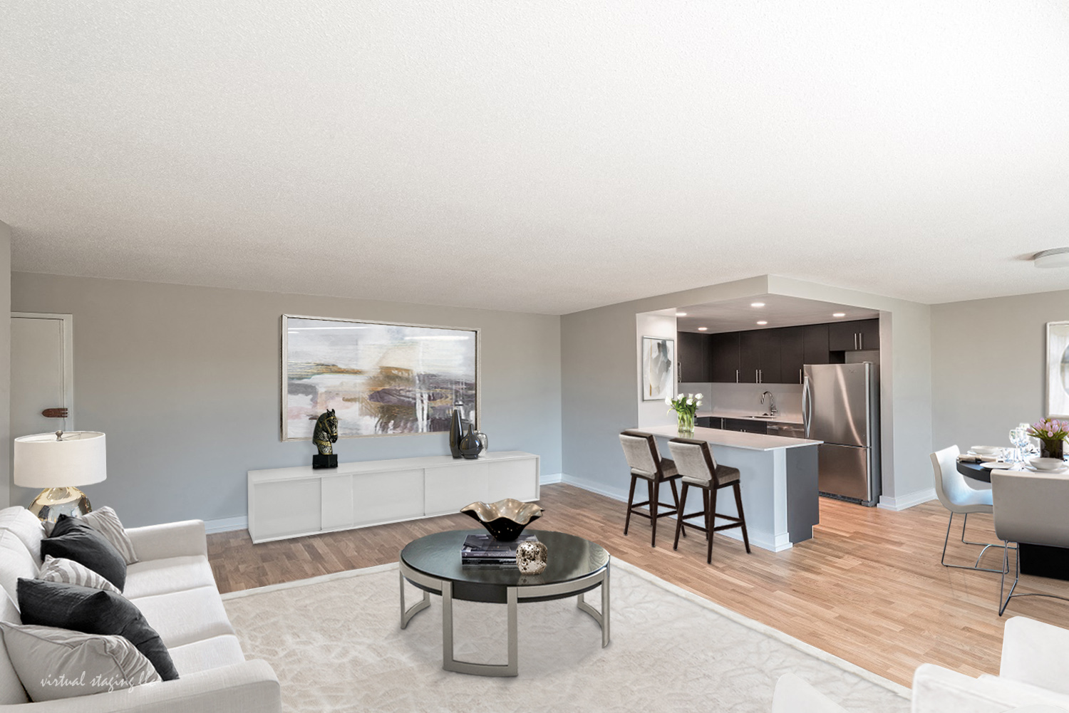 a living room with a couch and a table