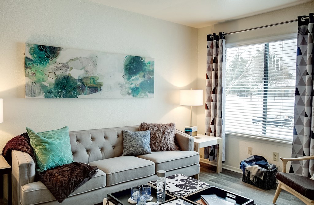 a living room with a couch and a coffee table
