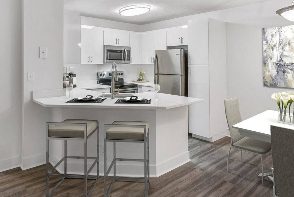 a kitchen with a center island with three stools
