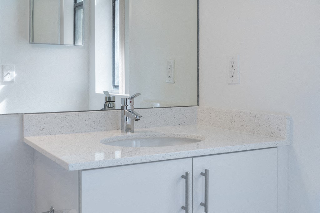 a bathroom with a sink and a mirror