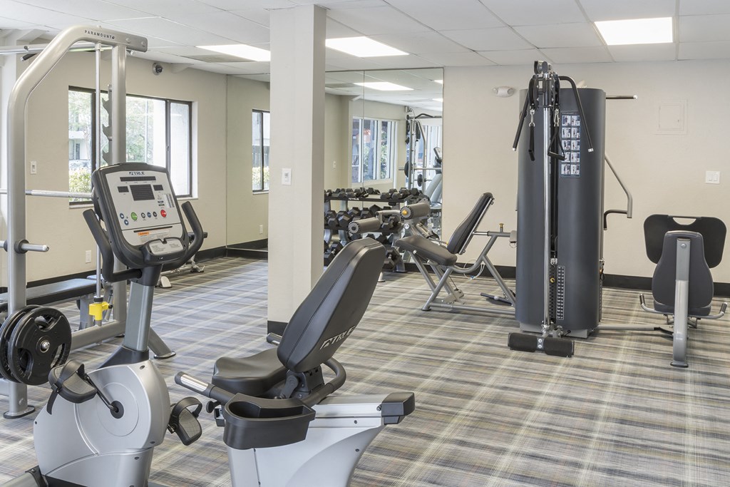 a gym with various machines and weights in a building
