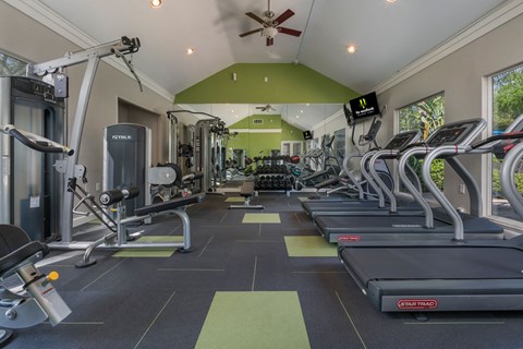 a gym with weights and cardio equipment and a ceiling fan