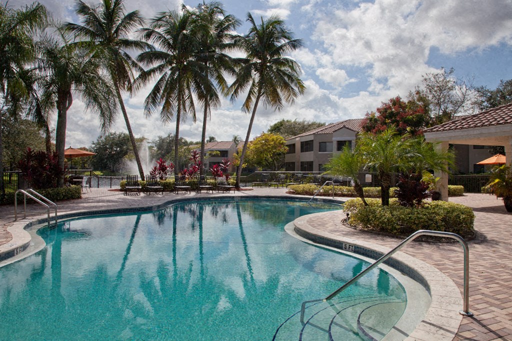 a large swimming pool with palm trees