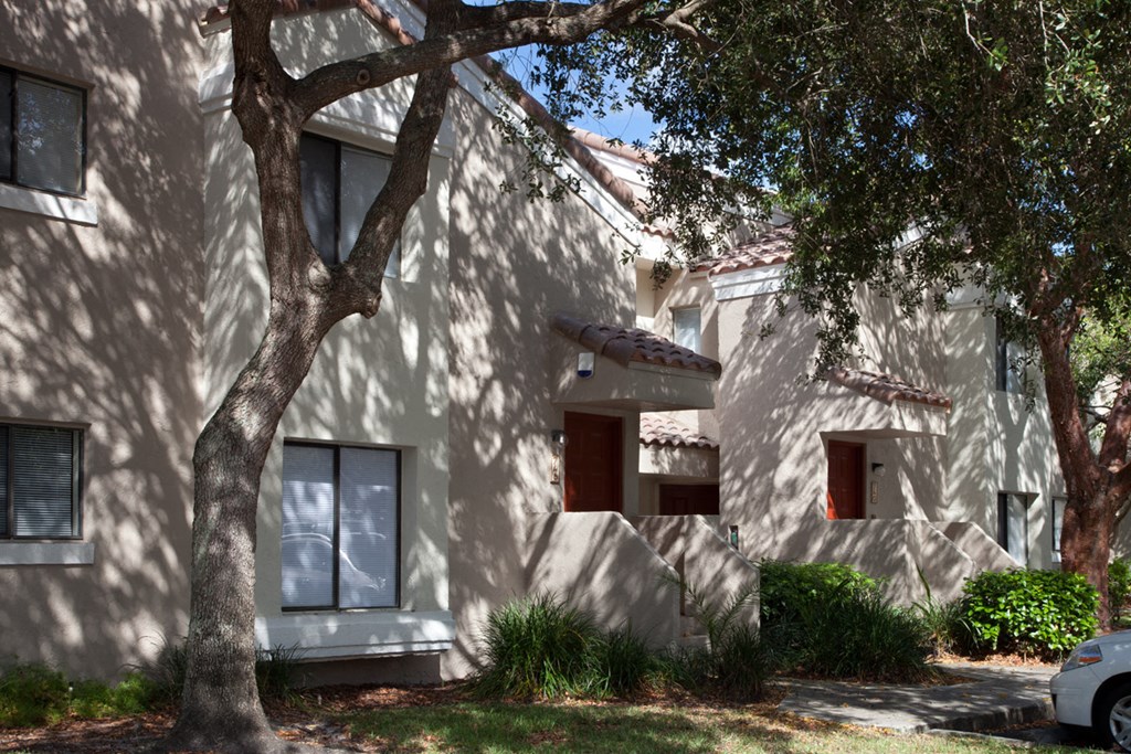 a white house with a tree in front of it