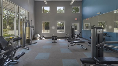 a gym with weights and other equipment in a building with windows