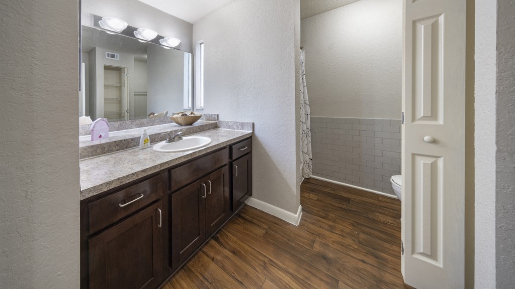 an empty bathroom with a sink and a mirror