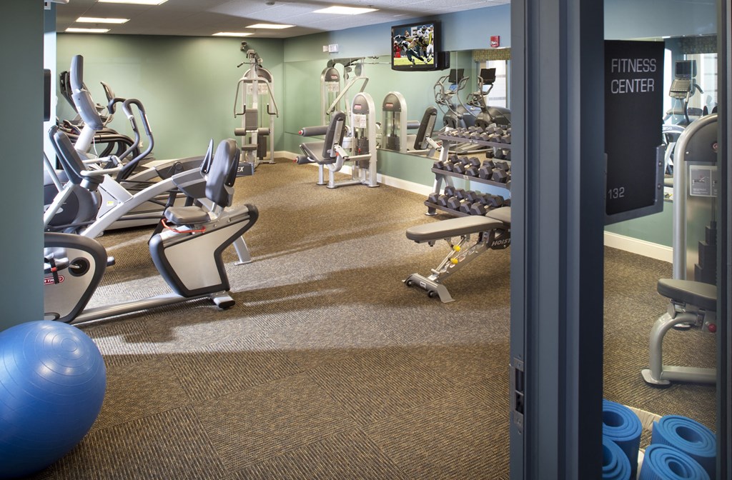 a gym with cardio equipment and weights on the floor