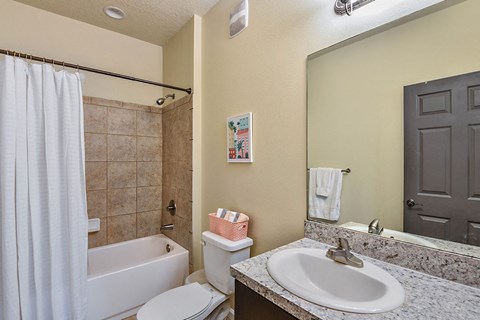 a bathroom with a sink toilet and a bath tub