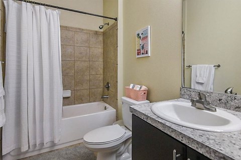 a bathroom with a sink toilet and a bath tub