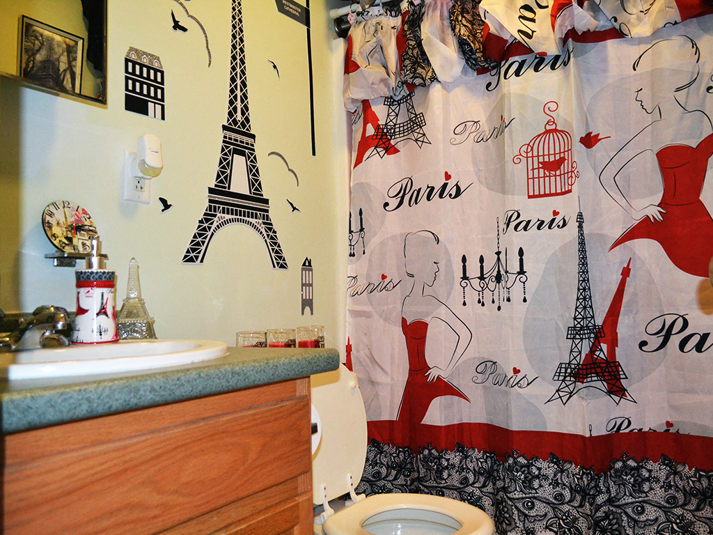 a bathroom with a shower curtain with the eiffel tower on it