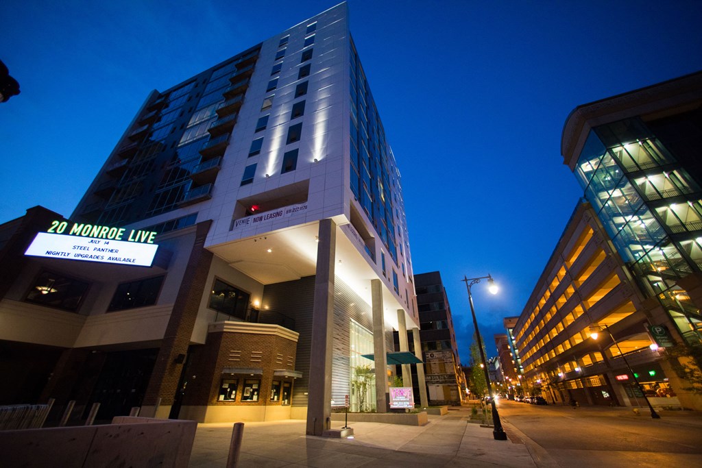 Venue Tower Apartments Exterior at Night