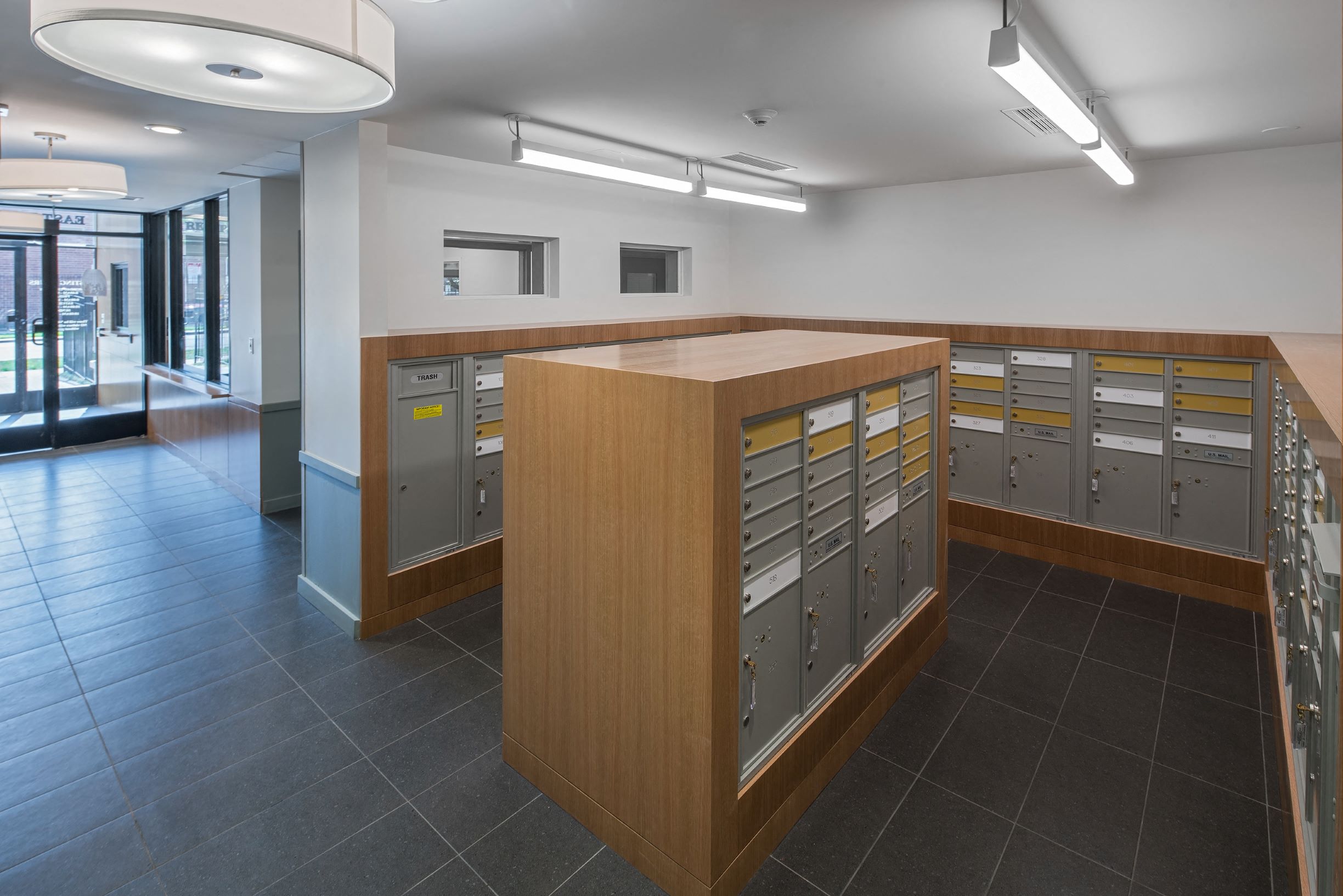 a view of the mail room in a building