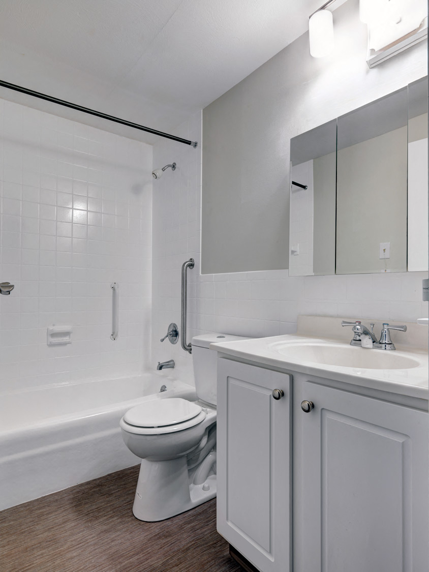 One bedroom apartment bathroom at Rockingham Glen in West Roxbury, MA