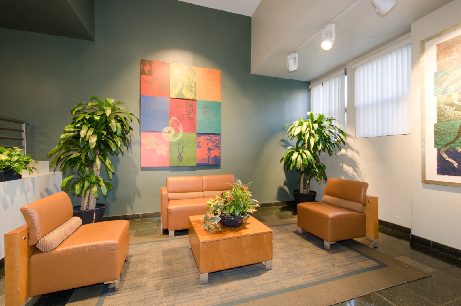 a waiting room in a hospital with couches and plants