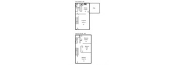 A floor plan for a home with a laundry room, kitchen, and living room on the first level, and three bedrooms on the second level.