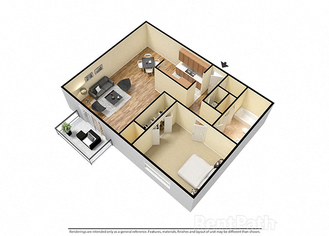 1 Bed 1 Bath West Phase Floor Plan at Candlewyck Apartments, Kalamazoo, Michigan