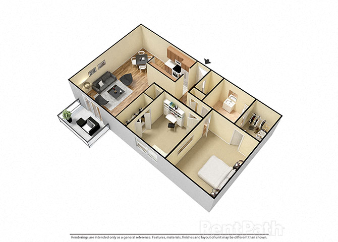 2 Bed 1 Bath East Phase Floor Plan at Candlewyck Apartments, Michigan, 49001