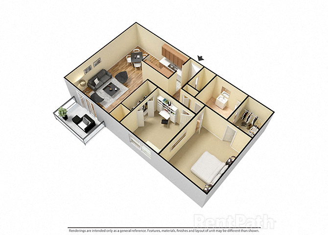 2 Bed 1 Bath West Phase Floor Plan at Candlewyck Apartments, Kalamazoo, MI