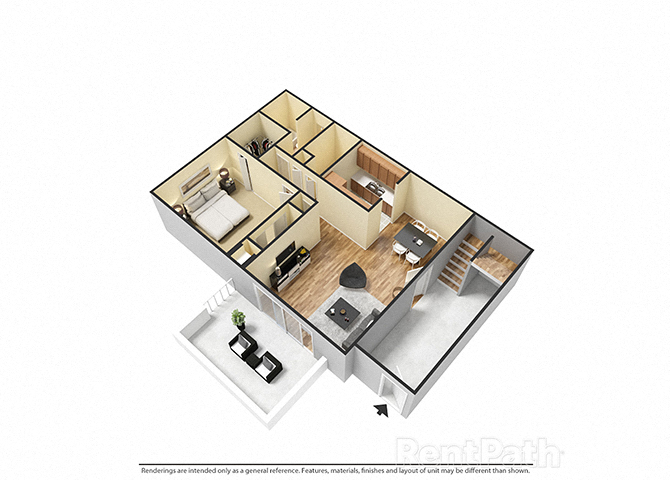 1 Bedroom 1 Bathroom 3D View Floor Plan at The Lodge Apartments, Indianapolis, IN, 46205