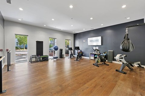 A gym with a variety of equipment including a treadmill, weights, and a punching bag.