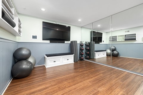 a gym with a mirror and a tv on the wall